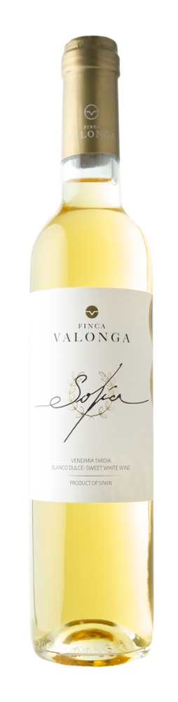 Vino blanco dulce Sofía 2021 de la finca Valonga, elegante y con aromas florales.